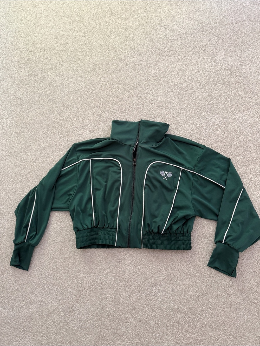 Cropped Dark Green Bomber Jacket with Tennis Motif